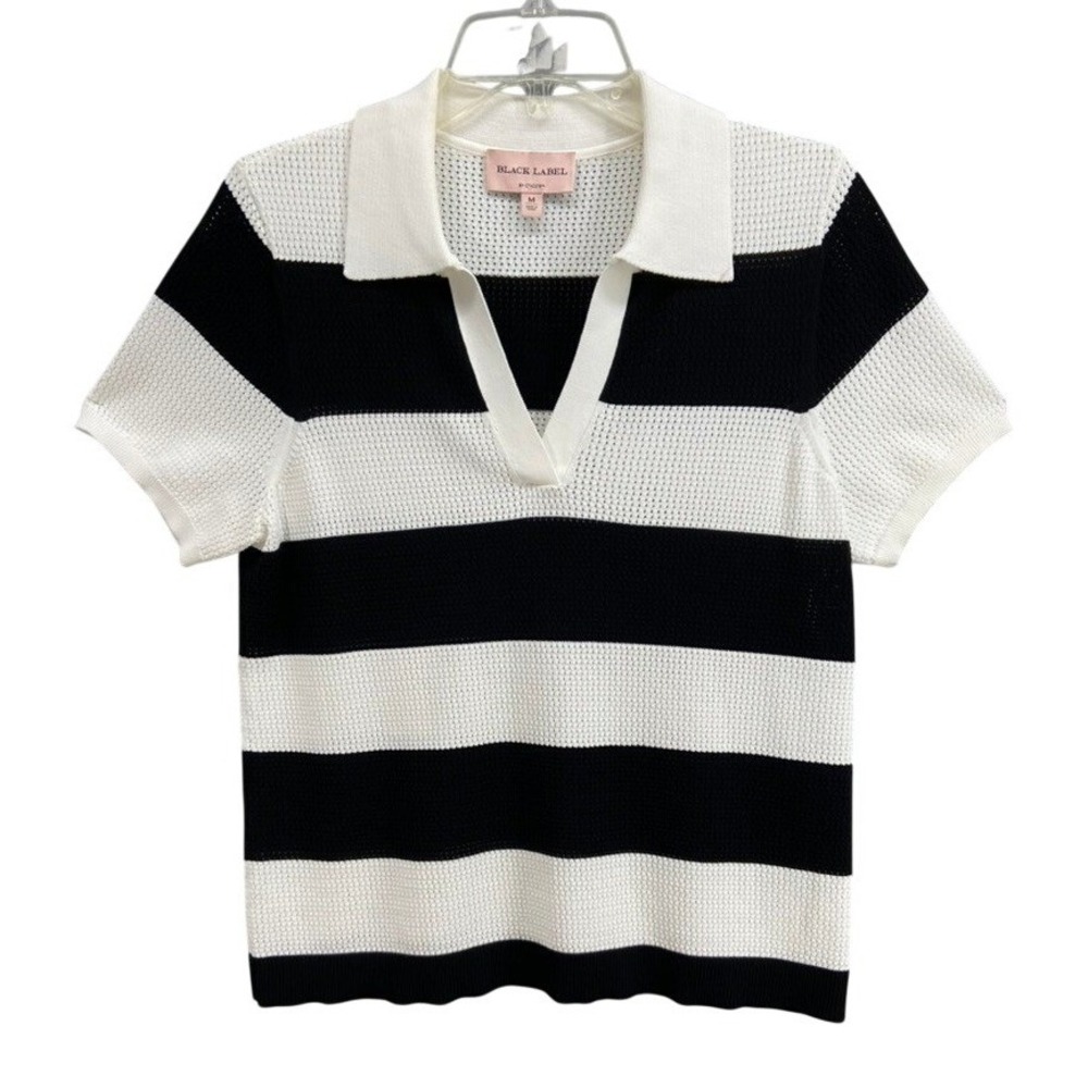 Black Label by‎ Chico's Sweater Sz M Striped Polo Top Black White V-Neck